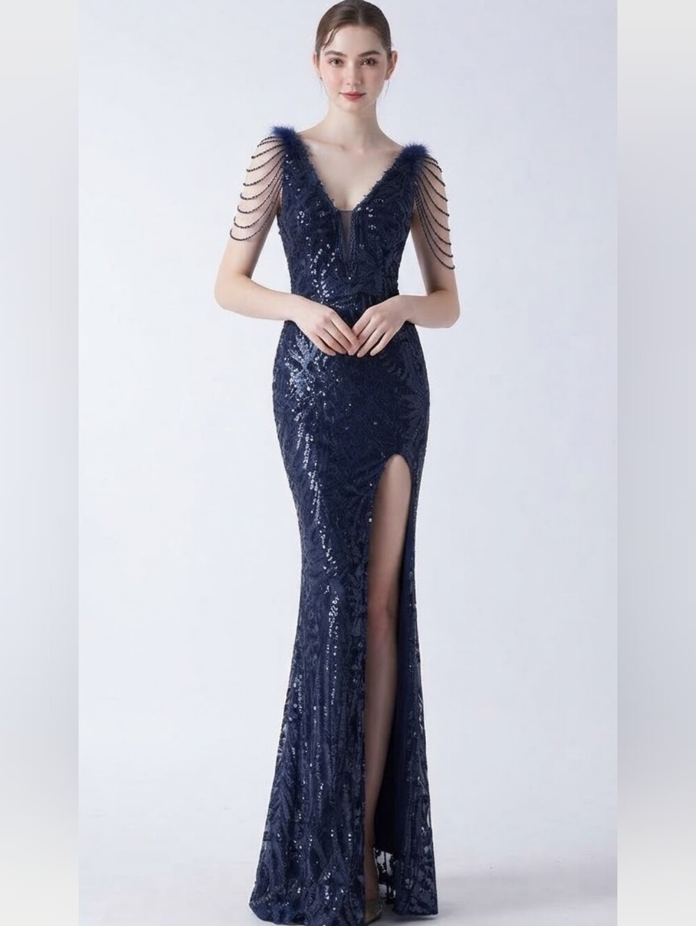 Navy, Ostrich , Beaded, Sleeveless, V Neck, Abstract , Sequined Mermaid Gown